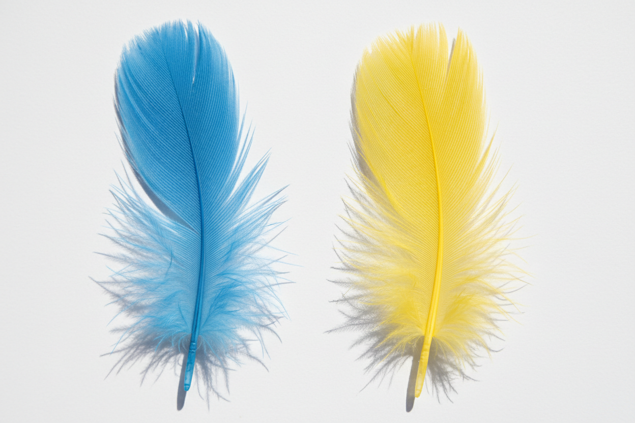2 chicken feathers, one blue and one yellow